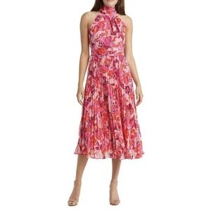 Eliza J Floral Print Pleated‎ Halter Neck Midi Dress in Pink Size 2 NEW